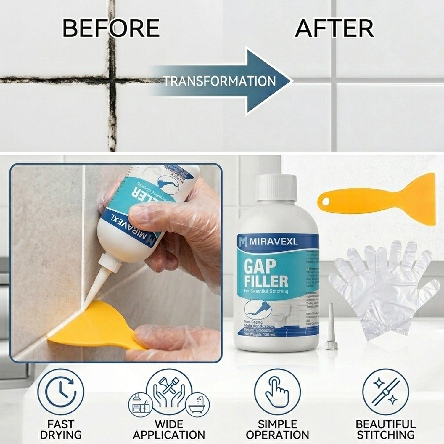 Home Bathroom Repair - White Tile Grout Repair Kit Fast