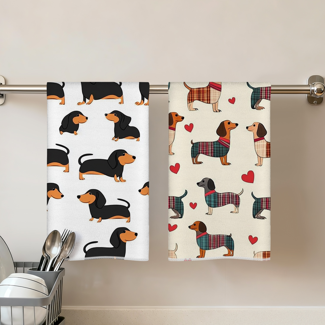 Home Bathroom Towels - 2 Pcs Dachshund Printed Kitchen Towel,